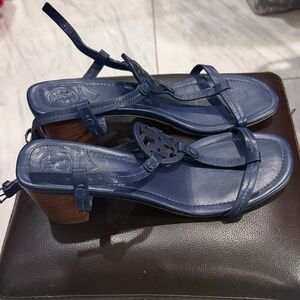 Tory Burch Navy Blue Leather T-Strap Block Heel Sandals